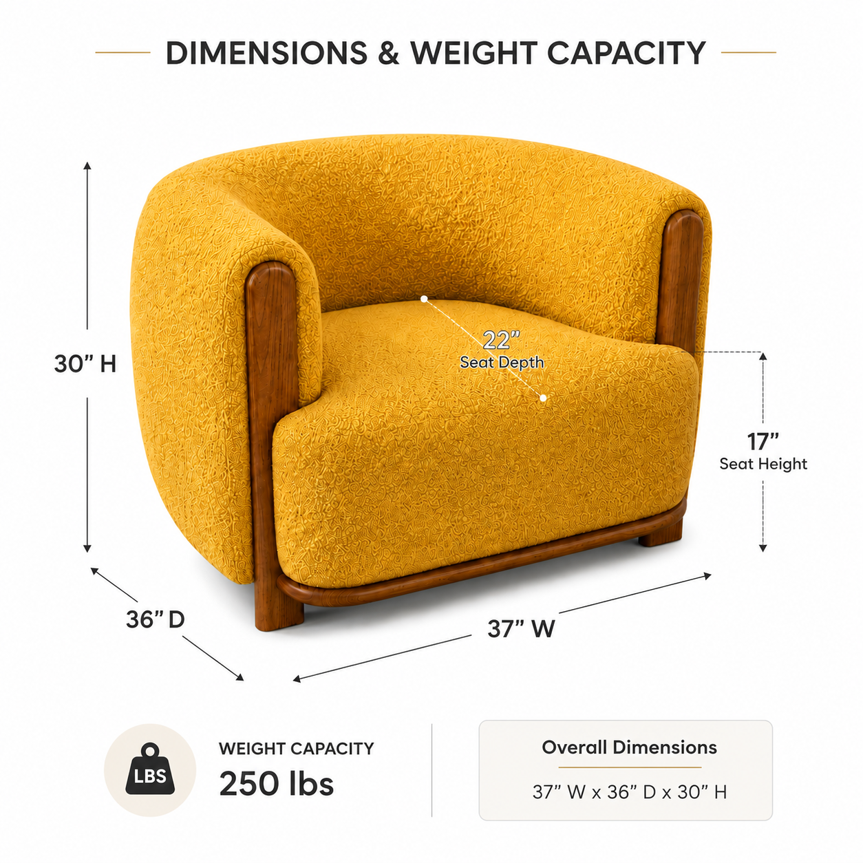 Modern Yellow Accent Chair with Fabric Upholstery and Wood Trim