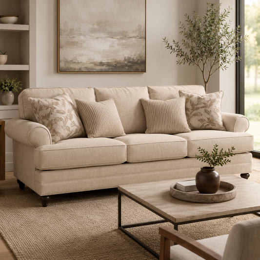 Modern 85" Khaki Upholstered Sofa with Black Wooden Legs