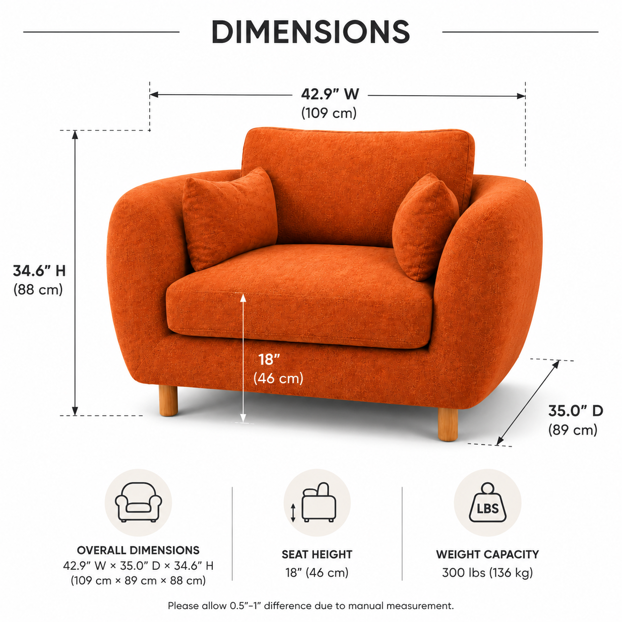 Modern Orange Fabric Accent Chair with Wooden Legs