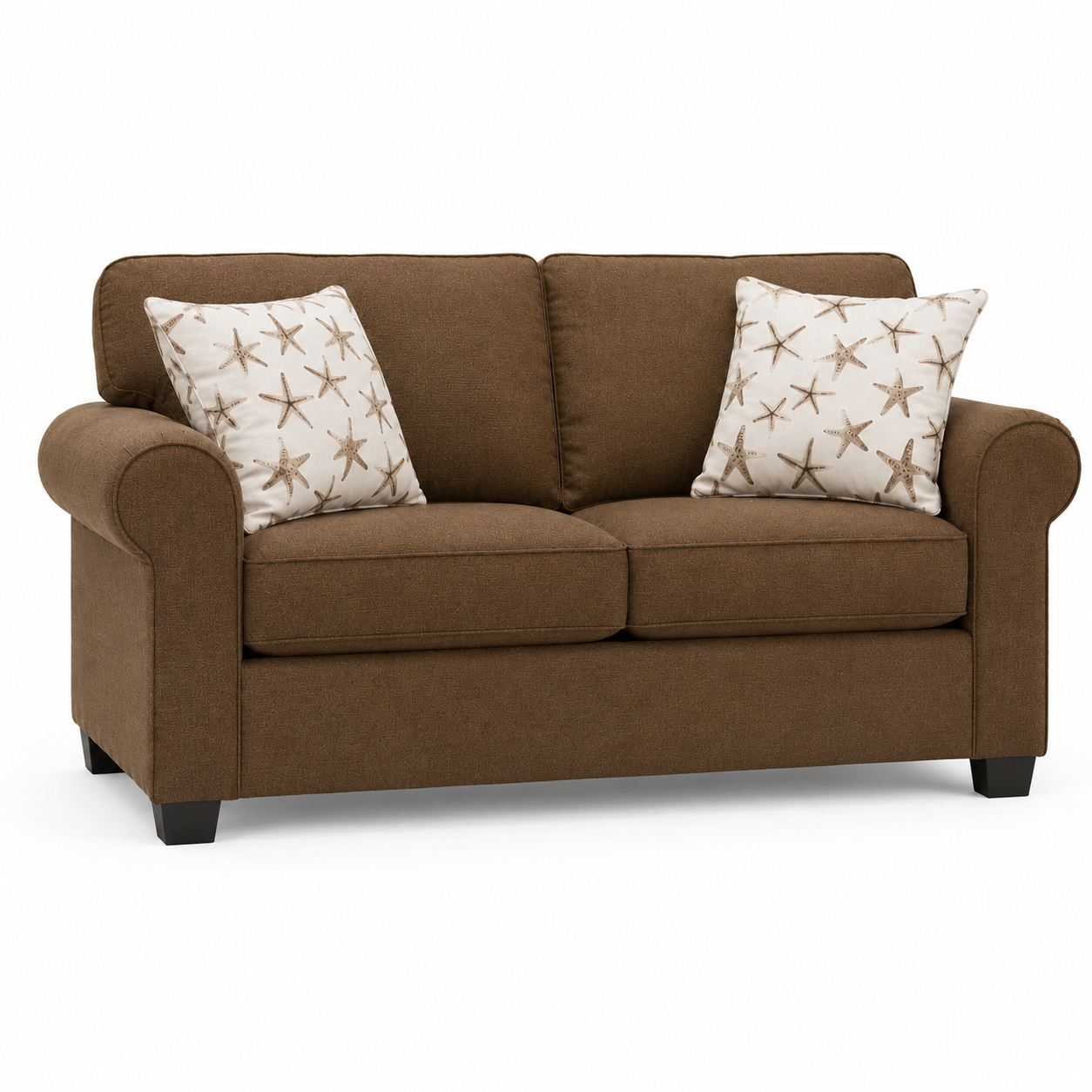 Modern Brown Fabric Loveseat Sofa with Throw Pillows