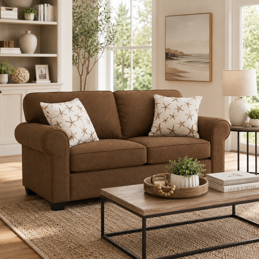 Modern Brown Fabric Loveseat Sofa with Throw Pillows