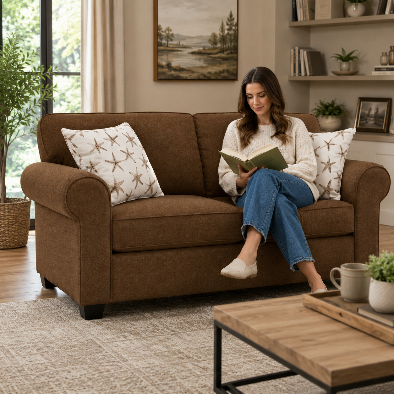 Modern Brown Fabric Loveseat Sofa with Throw Pillows