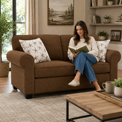Modern Brown Fabric Loveseat Sofa with Throw Pillows