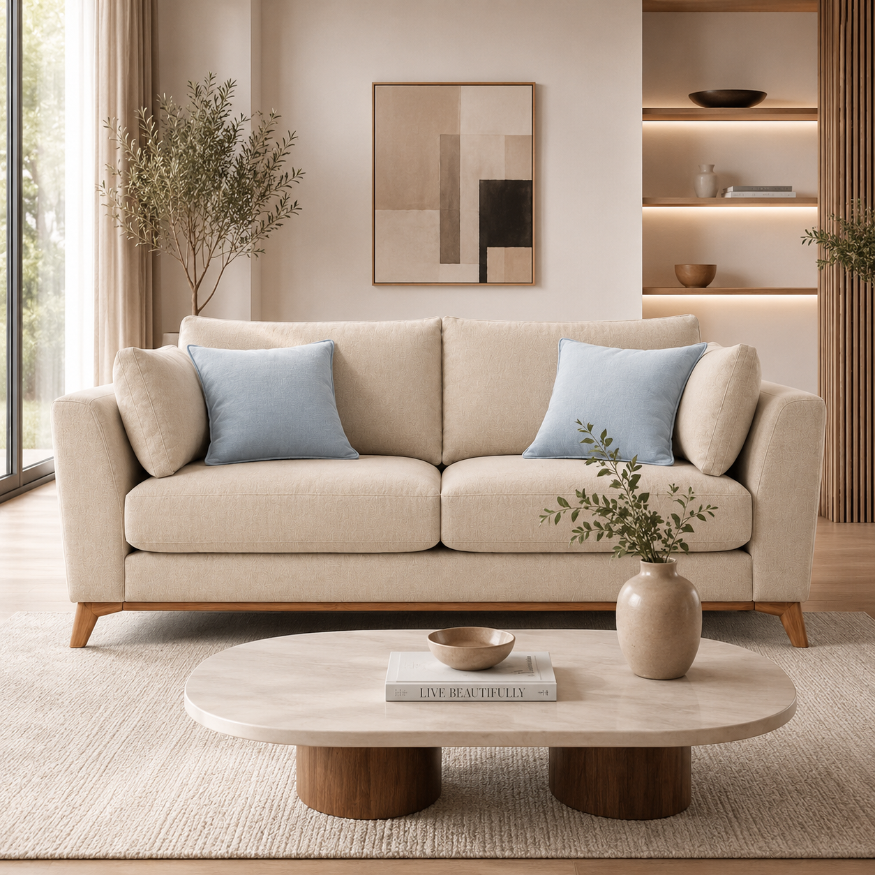 Modern 78" Khaki Fabric Sofa with Wooden Legs