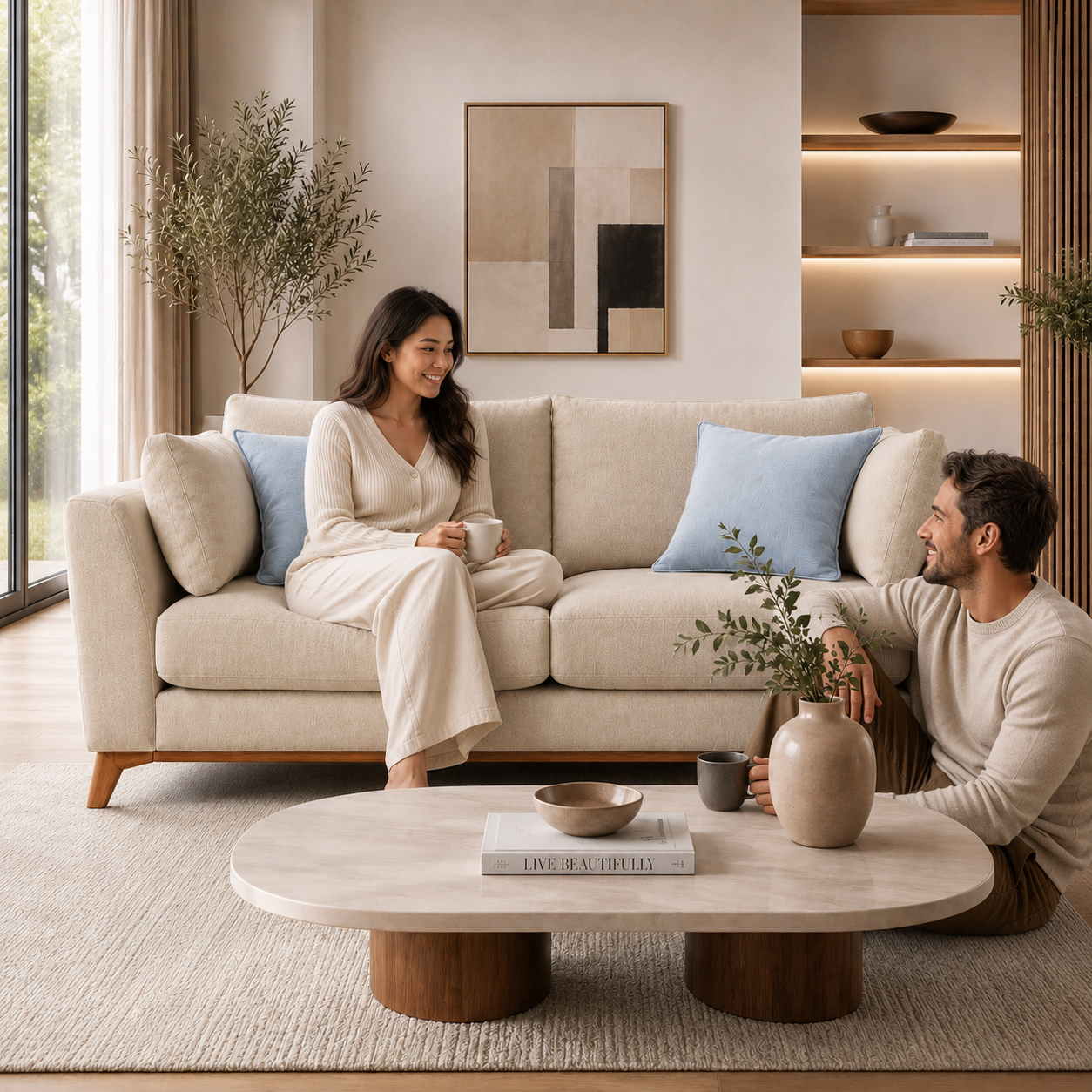 Modern 78" Khaki Fabric Sofa with Wooden Legs