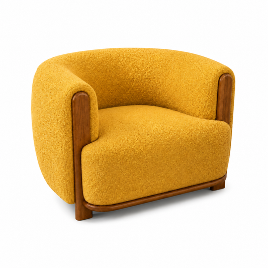 Modern Yellow Accent Chair with Fabric Upholstery and Wood Trim