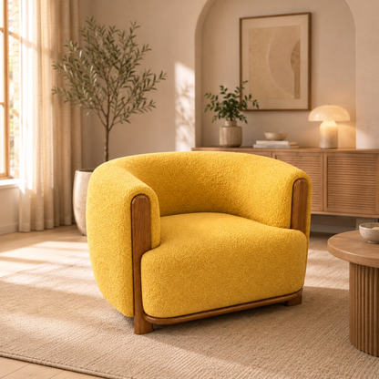Modern Yellow Accent Chair with Fabric Upholstery and Wood Trim