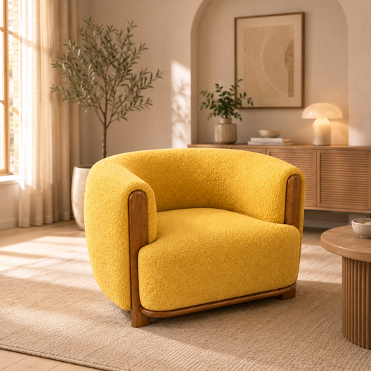Modern Yellow Accent Chair with Fabric Upholstery and Wood Trim