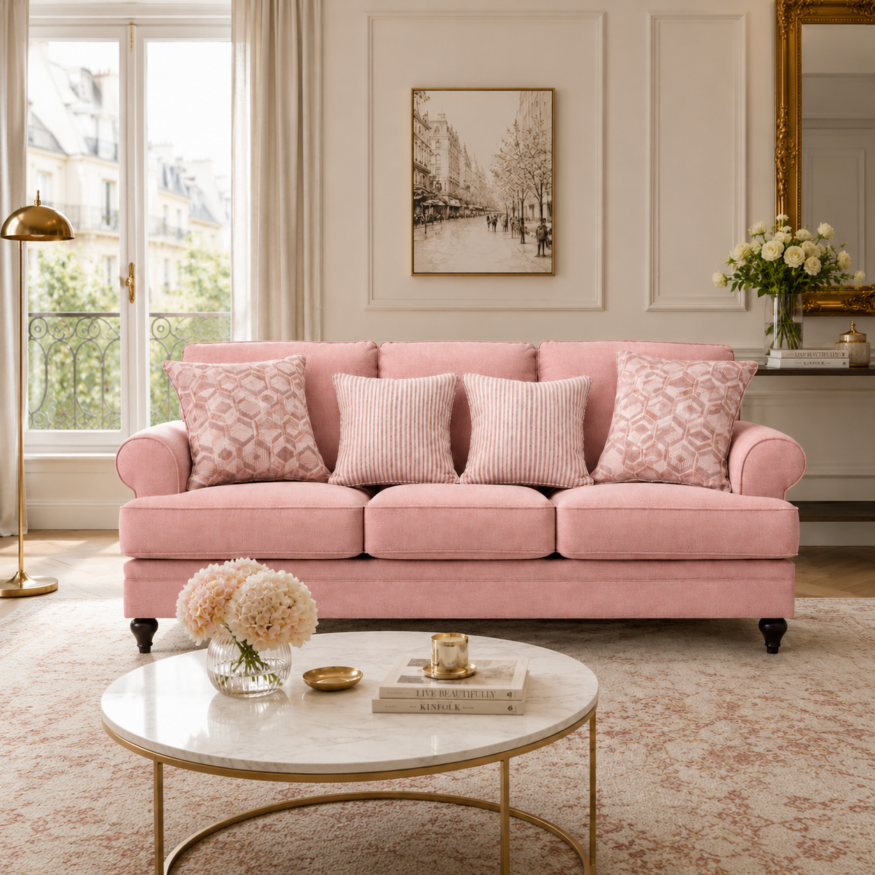 Modern 85" Khaki Upholstered Sofa with Black Wooden Legs