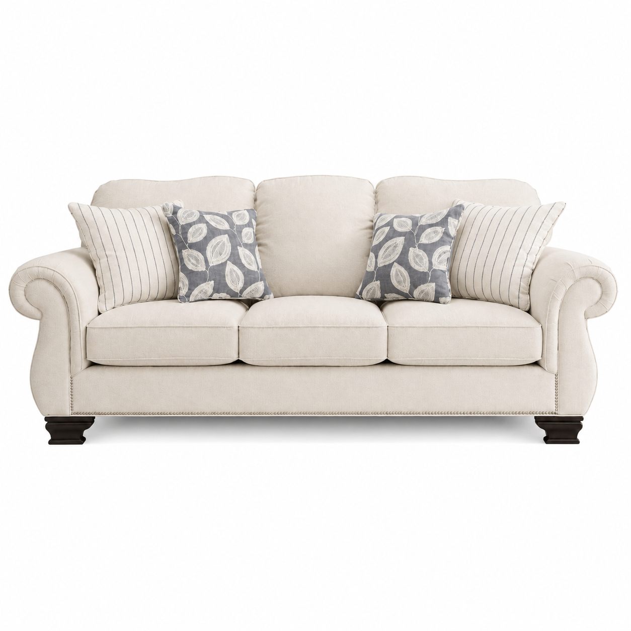 Traditional Rolled Arm Sofa with Nailhead Trim and Solid Wood Legs