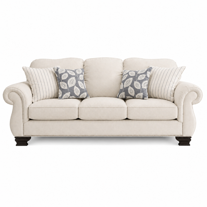 Traditional Rolled Arm Sofa with Nailhead Trim and Solid Wood Legs