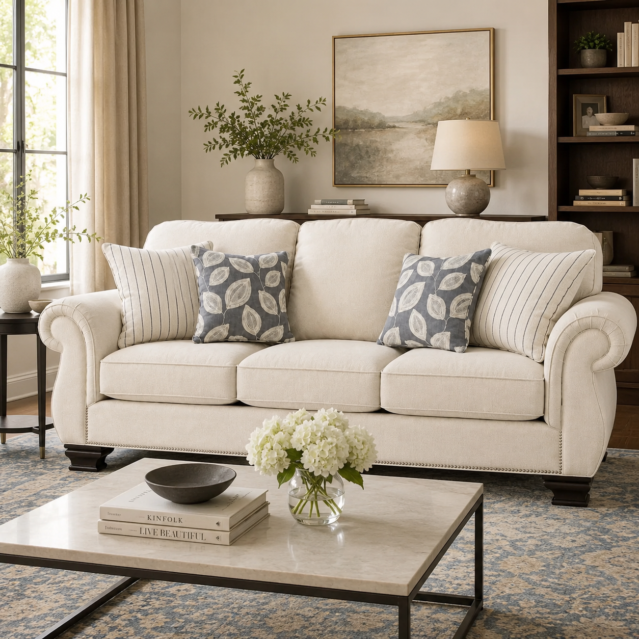 Traditional Rolled Arm Sofa with Nailhead Trim and Solid Wood Legs