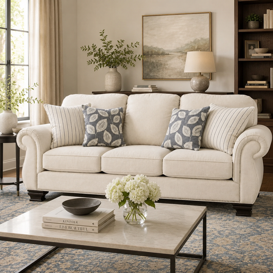 Traditional Rolled Arm Sofa with Nailhead Trim and Solid Wood Legs