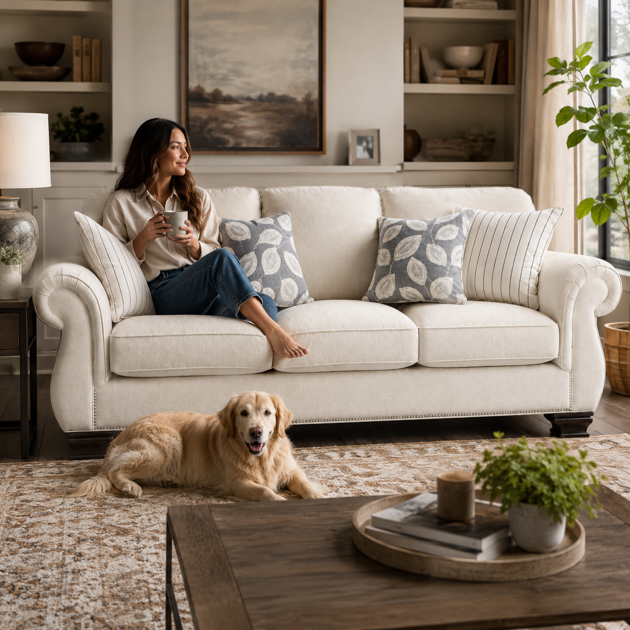 Traditional Rolled Arm Sofa with Nailhead Trim and Solid Wood Legs